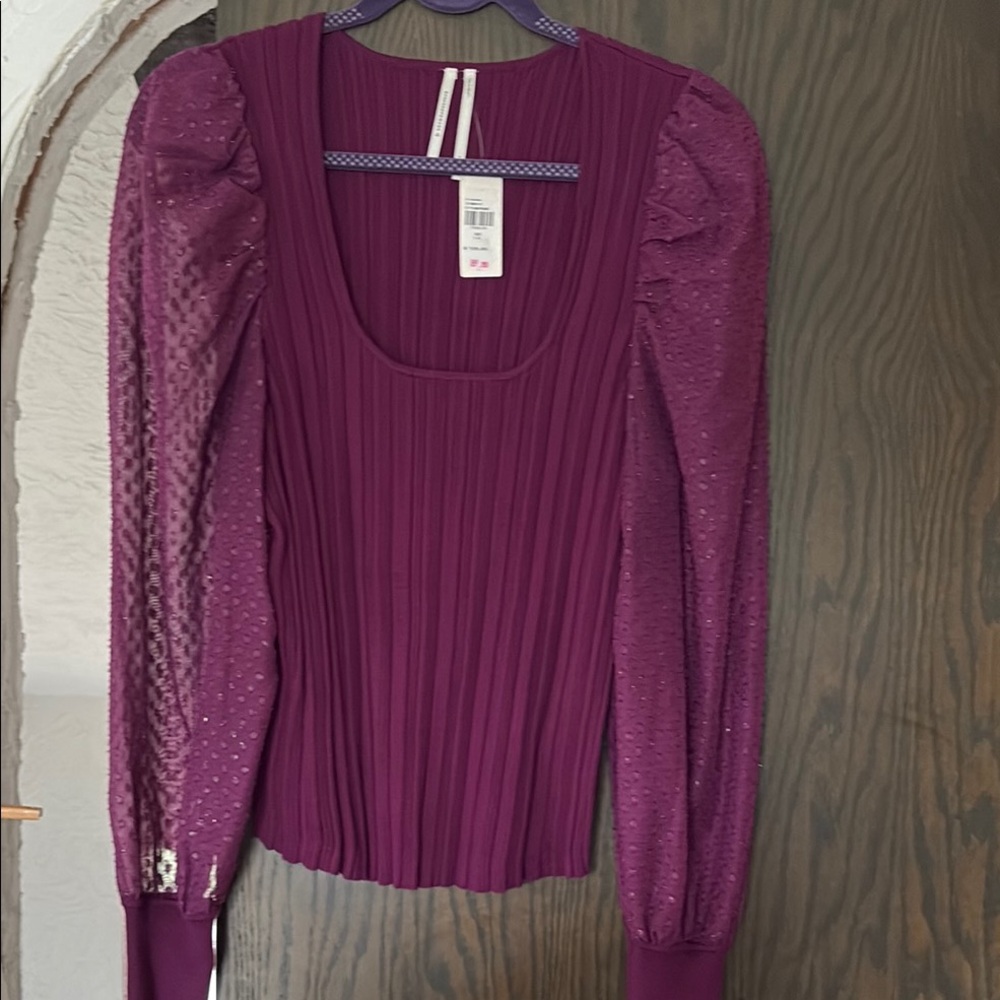 Anthropologie Purple Puff Sleeve Blouse with Ribbed Texture - Picture 2 of 6